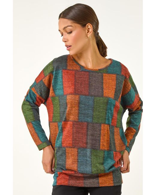 Roman Red Patchwork Print Drop Shoulder Stretch Top