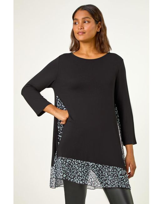 Roman Black Animal Print Contrast Mesh Hem Stretch Top