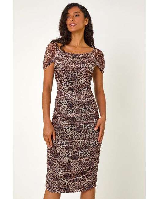 D.u.s.k Purple Animal Print Ruched Mesh Stretch Dress
