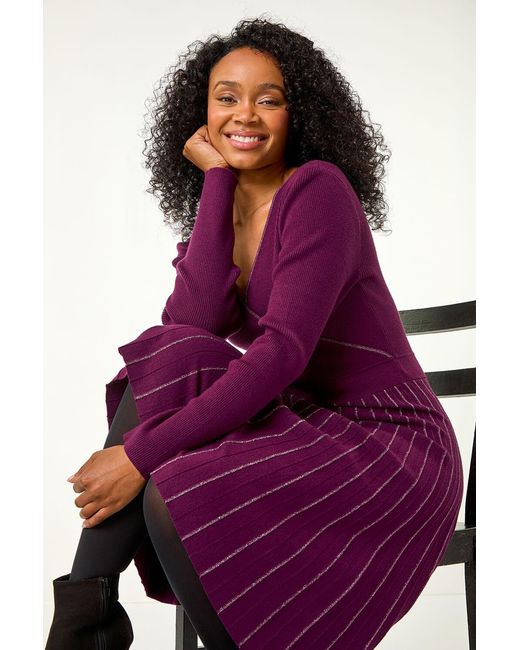 Roman Petite Purple Metallic Pleat Knitted Dress