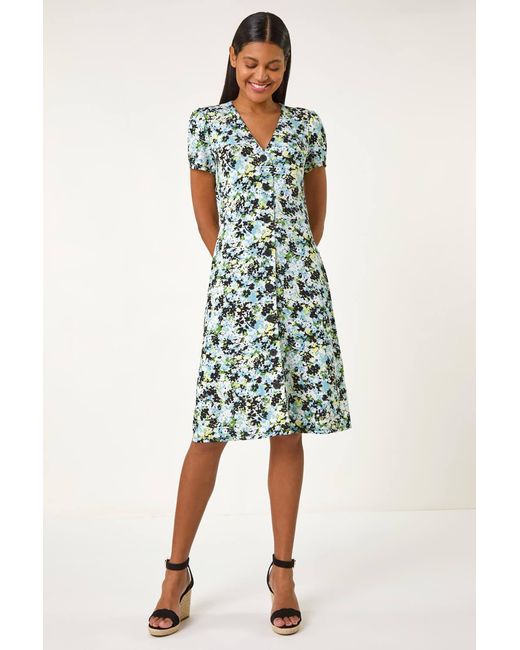 Roman Blue Floral Print Button Through Stretch Dress