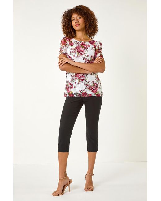 Roman Red Floral Print Lace Stretch Top