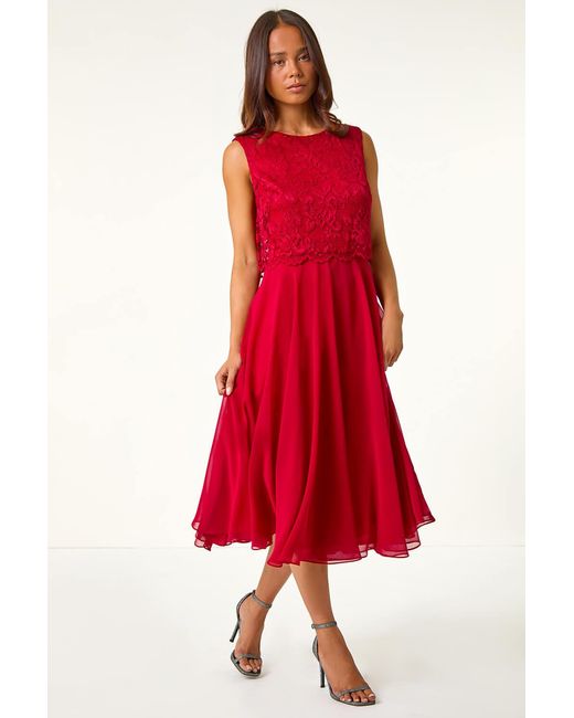 Roman Petite Red Lace Overlay Midi Dress