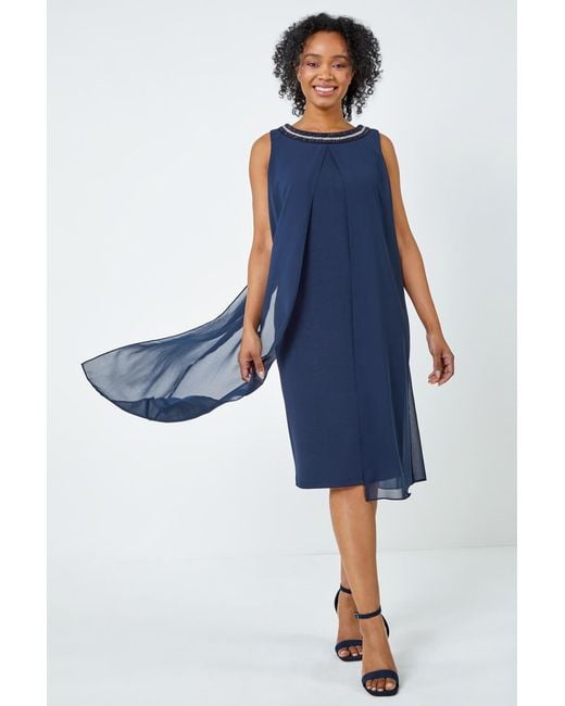 Roman Petite Blue Embellished Chiffon Dress
