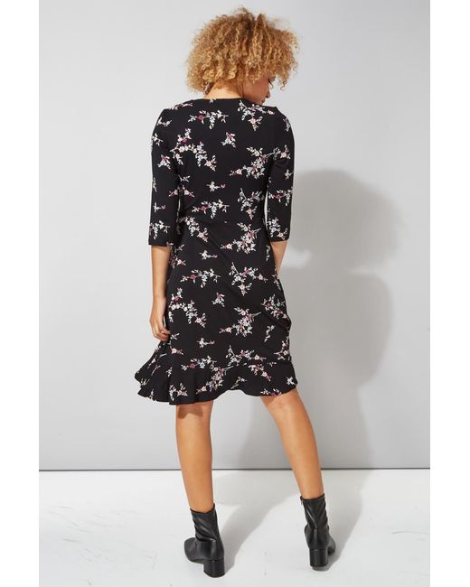 Roman Black Floral Print Frill Hem Tea Dress