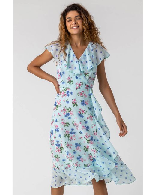 Roman Blue Floral Spot Print Frill Wrap Dress
