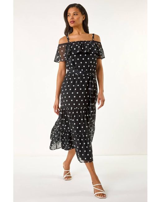 Roman Black Spot Print Bardot Midi Dress