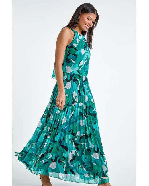 Roman Blue Swirl Print Pleated Halterneck Maxi Dress