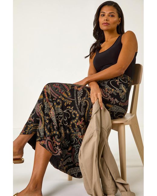 Roman Black Modern Paisley Print Midi Stretch Skirt