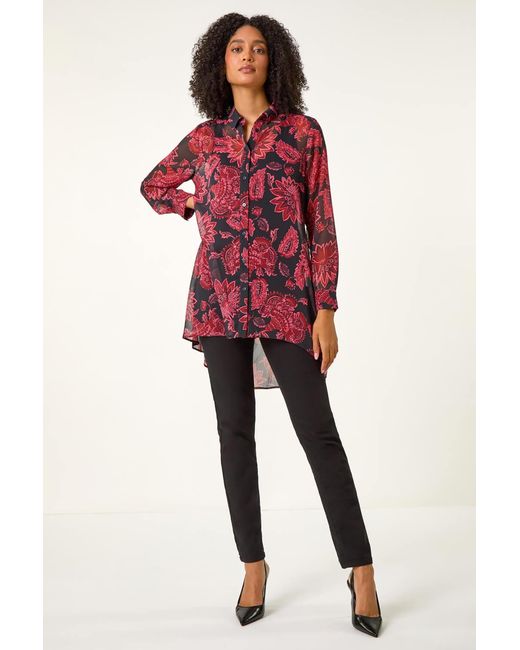 Roman Red Floral Longline Button Detail Shirt