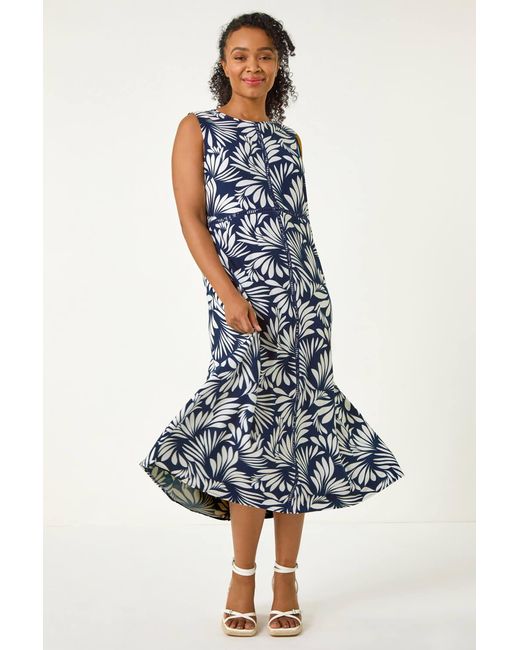 Roman Petite Blue Tropical Trim Midi Dress