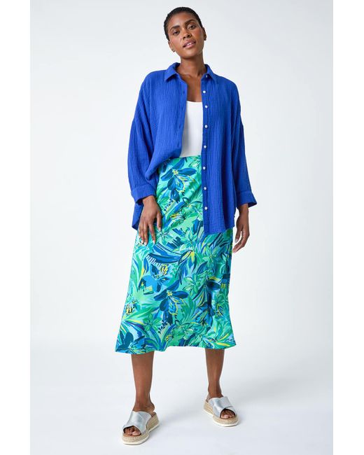 Roman Blue Tropical Floral Stretch Panel Skirt