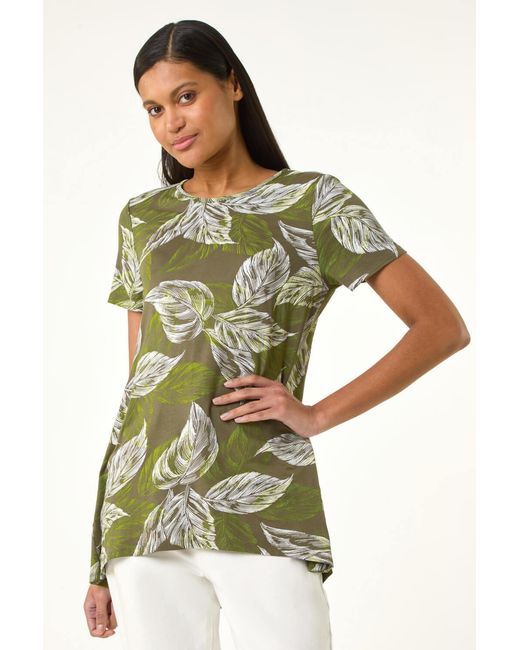 Roman Green Leaf Print Stretch Top
