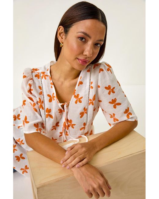 Roman Brown Floral Print Tassel Top
