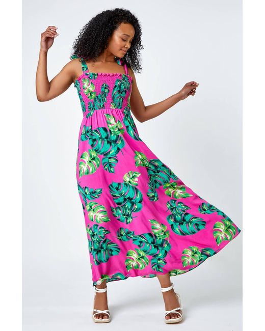 Roman Petite White Tropical Print Shirred Maxi Dress