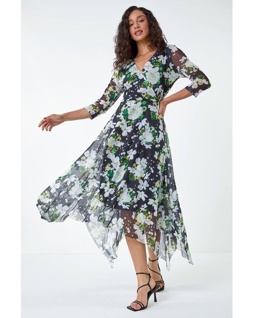 D.u.s.k White Abstract Stretch Mesh Hanky Hem Wrap Dress