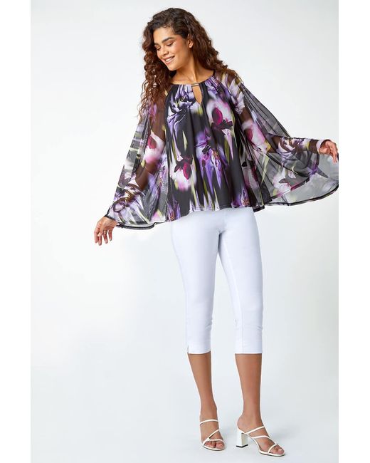 Roman Purple Floral Print Mesh Stretch Top