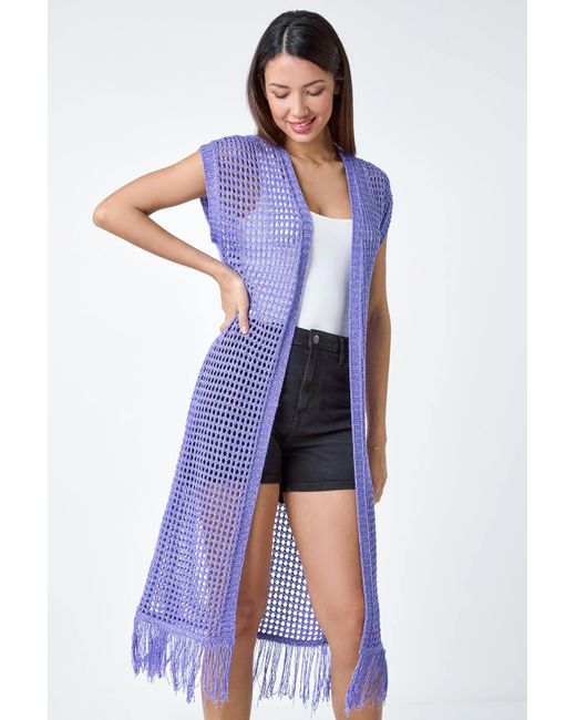 Roman Blue Longline Shimmer Tassel Knit Kimono