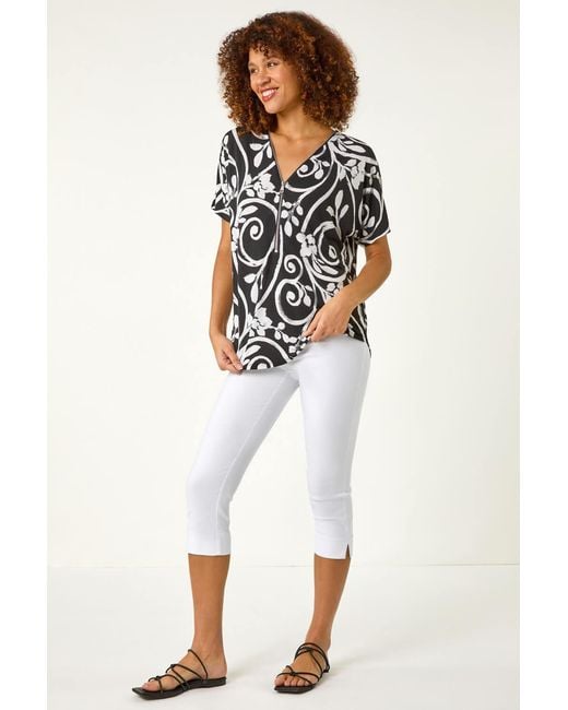 Roman Black Textured Print Zip Detail Top