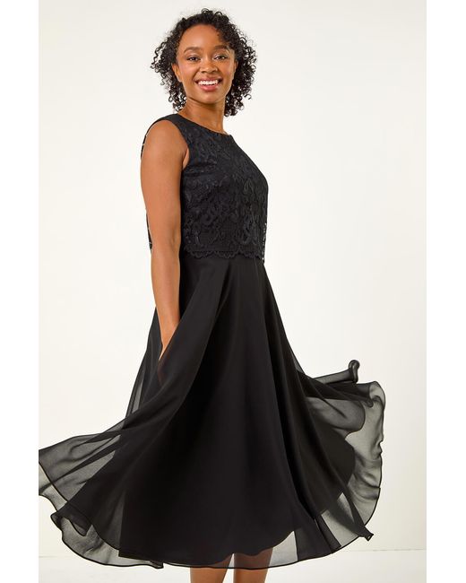 Roman Petite Black Lace Overlay Midi Dress