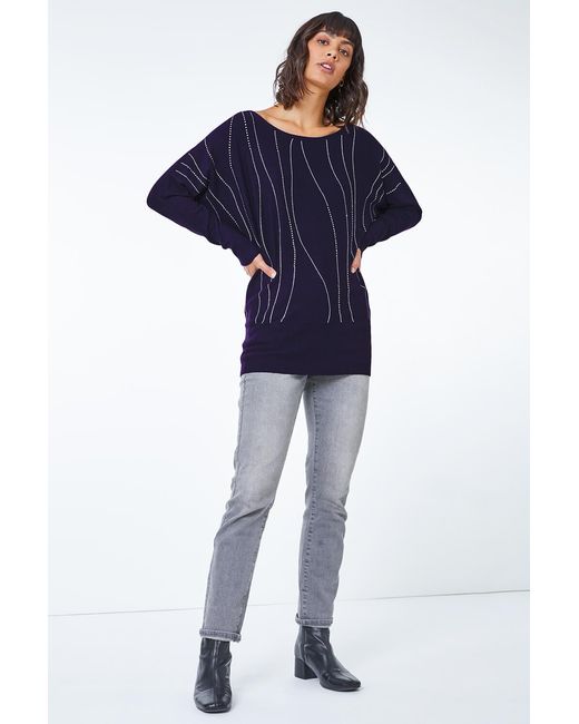 Roman Blue Embellished Linear Print Jumper