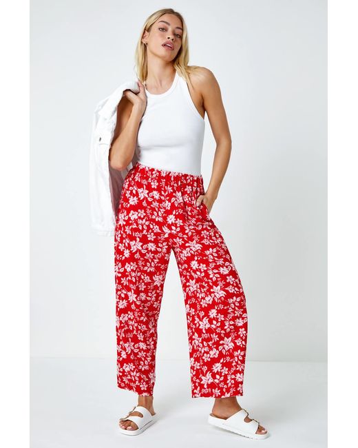D.u.s.k Red Floral Print Stretch Elastic Waist Culottes