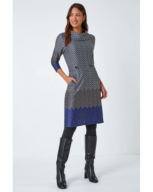 Roman Blue Zig Zag Cowl Neck Stretch Dress