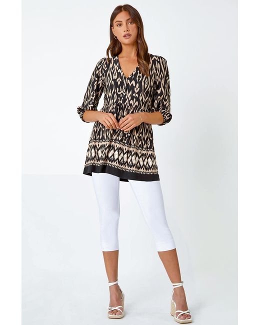 Roman Metallic Aztec Print V-Neck Stretch Tunic Smock Top