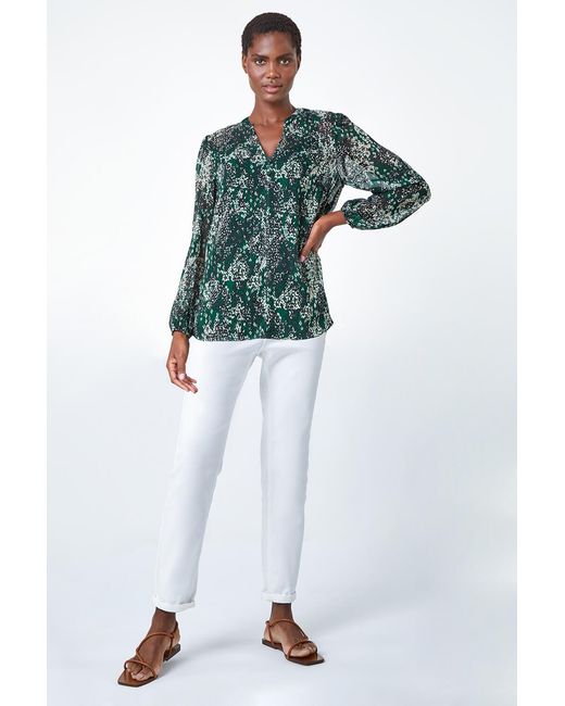 Roman Green Animal Print Button Front V-Neck Blouse