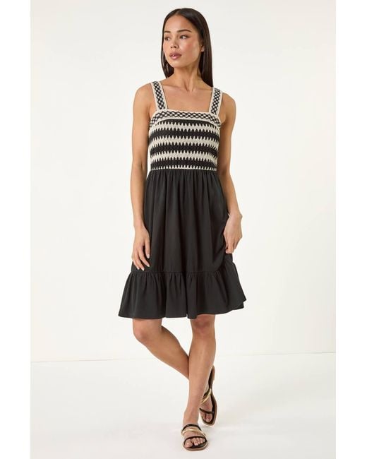 Roman Petite Black Crochet Bodice Strap Dress