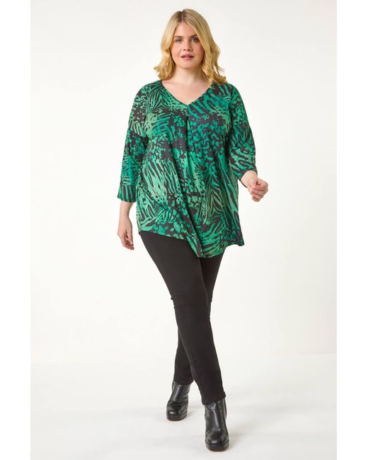 Roman Curve Green Animal Print Pleat Front Top