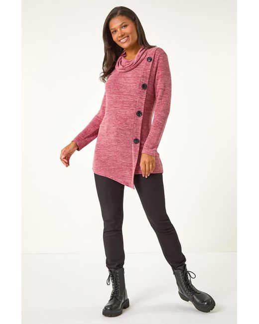 Roman Pink Cowl Neck Button Stretch Top