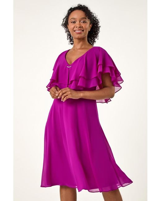 Roman Petite Pink V-Neck Flare Trim Detail Cape Dress