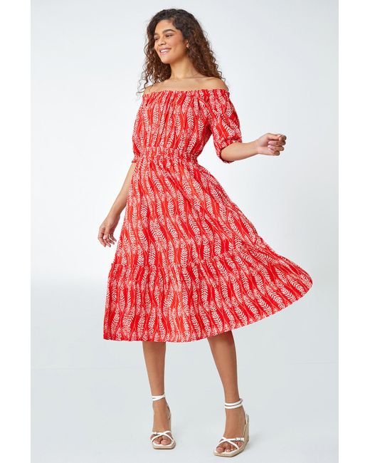Roman Red Leaf Print Stretch Neck Midi Dress