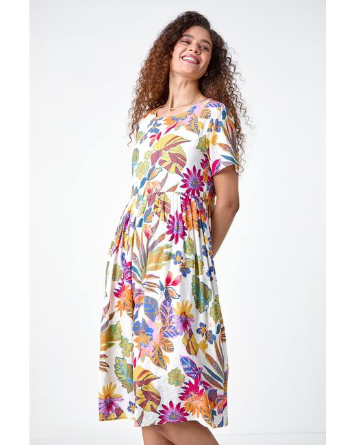 Roman White Floral Print Cotton Midi Dress
