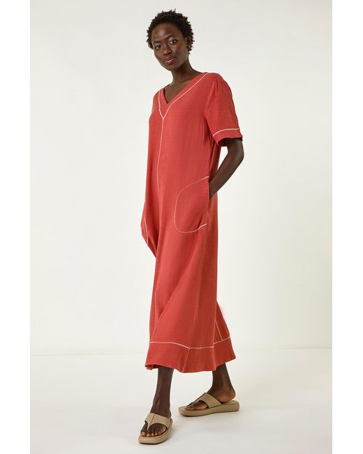 Roman Red Contrast Stitch Woven Dress