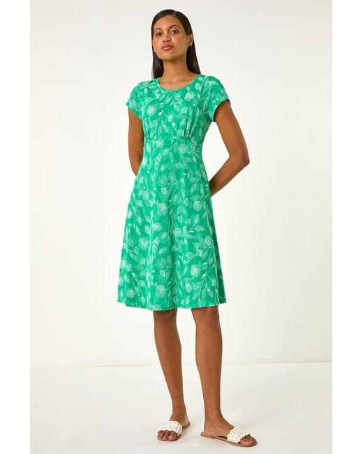 Roman Green Stretch Floral Puff Print Midi Dress