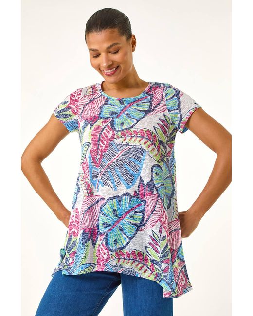 Roman Blue Tropical Leaf Print Burnout Top