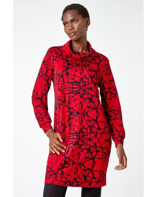Roman Red Abstract Cowl Neck Pocket Shift Dress
