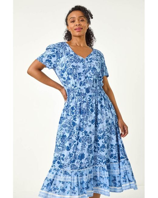 Roman Petite Blue Floral Print Border Midi Dress