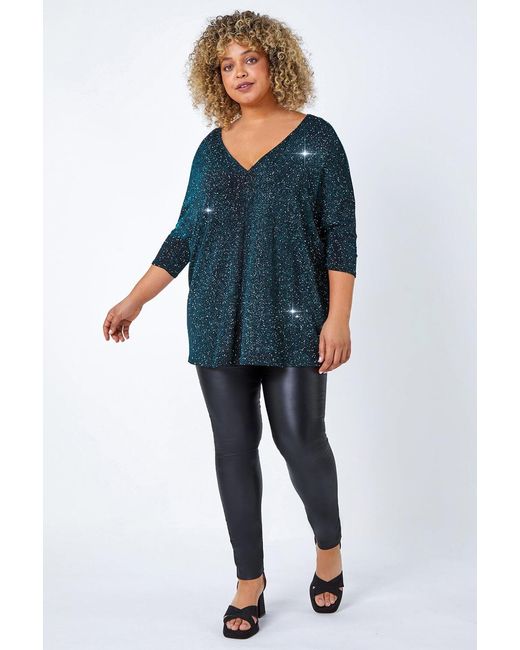 Roman Curve Blue Back Bar Glitter V-Neck Stretch Top