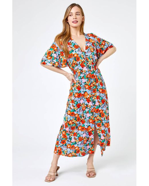 Roman Petite Orange Floral Button Through Midi Dress