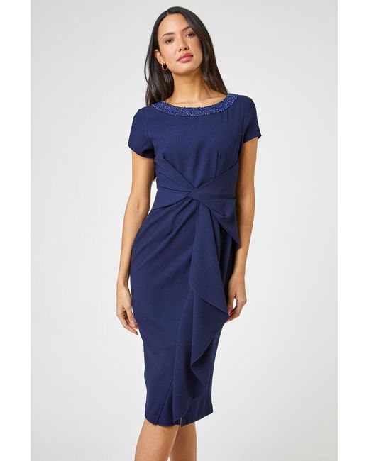 Roman Blue Embellished Stretch Twist Waist Ruched Dress