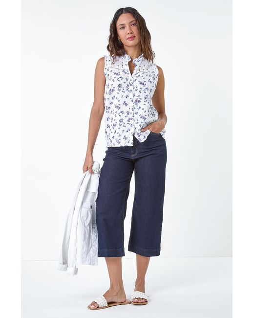 Roman White Cotton Embroidered V-Neck Floral Blouse