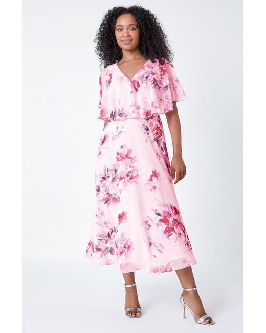 Roman Pink Originals Petite Floral Cape Chiffon Midi Dress