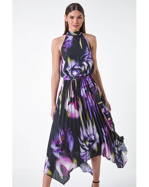 Roman White Floral Halter Neck Hanky Hem Midi Dress