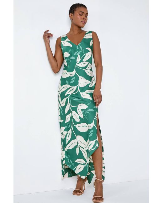 Roman Green Leaf Print Satin Bodycon Midi Dress