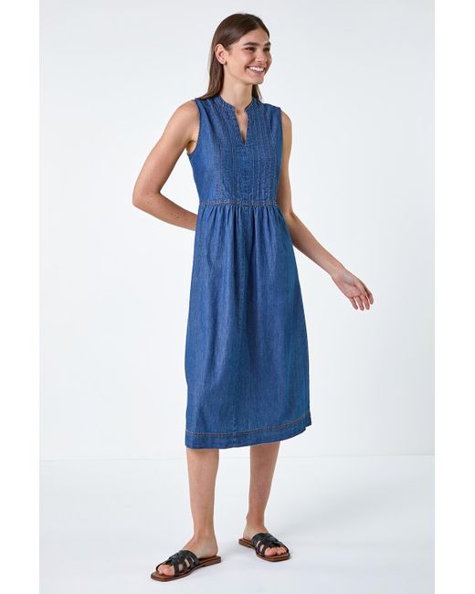 Roman Blue Sleeveless Cotton Denim Midi Dress