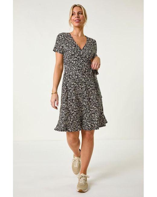 Roman Petite White Stretch Abstract Print Wrap Dress