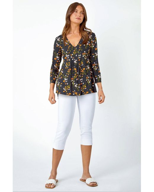 Roman Black Floral Print V-Neck Tunic Swing Stretch Top